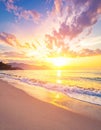 Dramatic sunrise sky and summer beach. Sunset sea background, vintage filter effect Royalty Free Stock Photo