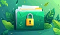 File protection. Green folder with documents and yellow padlock. Data security Royalty Free Stock Photo