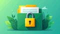 File protection. Green folder with documents and yellow padlock. Data security Royalty Free Stock Photo