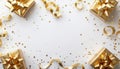 Golden Gifts and Confetti on White Background Royalty Free Stock Photo