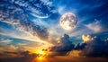 Fantasy Sky with Setting Sun and Full Moon Royalty Free Stock Photo