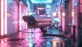 Cyberpunk Security: Surveillance Camera in Neon City Royalty Free Stock Photo