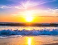 Magical ocean. Sunrise over the Atlantic. Morning. Waves. Surf bright colors. reflection Royalty Free Stock Photo