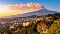 Mount Etna Volcano with smoke at dawn and the Catania city, Sicily island, Italy, Europa Royalty Free Stock Photo