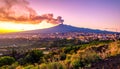 Mount Etna Volcano with smoke at dawn and the Catania city, Sicily island, Italy, Europa Royalty Free Stock Photo