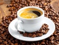White Cup of coffee, espresso, roasted coffee grains, background, photo Royalty Free Stock Photo
