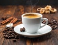 White Cup of coffee, espresso, roasted coffee grains, background, photo Royalty Free Stock Photo