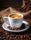 White Cup of coffee, espresso, roasted coffee grains, background, photo Royalty Free Stock Photo