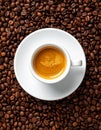 White Cup of coffee, espresso, roasted coffee grains, background, photo Royalty Free Stock Photo