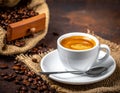 White Cup of coffee, espresso, roasted coffee grains, background, photo Royalty Free Stock Photo