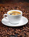 White Cup of coffee, espresso, roasted coffee grains, background, photo Royalty Free Stock Photo