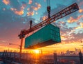 Construction site sunset with crane and container Royalty Free Stock Photo