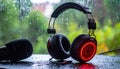 Headphones and microphone in rain, generated by AI Royalty Free Stock Photo