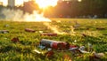 Aftermath of Fireworks: Empty Tubes Littering a Grassy Field at Sunset Royalty Free Stock Photo