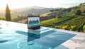 Tuscan Villa with Laptop and Infinity Pool at Sunset Royalty Free Stock Photo