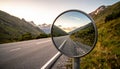 Mountain road reflection in a mirror at sunset Royalty Free Stock Photo