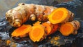 Vibrant Turmeric Root Slices with Water Droplets Royalty Free Stock Photo