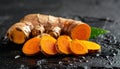 Vibrant Turmeric Root Slices on Dark Surface Royalty Free Stock Photo