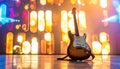 Electric Guitar on Stage with Bokeh Lights Royalty Free Stock Photo