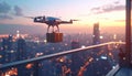 Drone Delivery Over Cityscape at Sunset Royalty Free Stock Photo