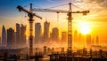 Construction cranes silhouetted against a vibrant sunset over a city skyline. Royalty Free Stock Photo