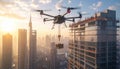 Drone delivering materials to a skyscraper construction site Royalty Free Stock Photo