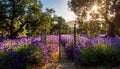 A Wrought Iron Gate Opens to a Lavender Field at Sunset Royalty Free Stock Photo