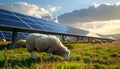 Sheep grazing near solar panels in a field at sunset Royalty Free Stock Photo