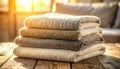Cozy stacked blankets bathed in warm sunlight Royalty Free Stock Photo