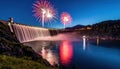 Spectacular Fireworks Over a Dam at Night Royalty Free Stock Photo