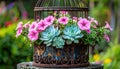 Rustic birdcage planter with pink petunias and succulents Royalty Free Stock Photo