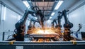 Robotic Arms Performing Industrial Welding with Sparks Flying Royalty Free Stock Photo