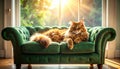Majestic Maine Coon Cat Lounging on a Green Velvet Sofa Royalty Free Stock Photo