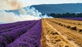 Lavender and Hay Field with Smoke Royalty Free Stock Photo