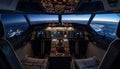 Airplane Cockpit View at Night Over City Lights Royalty Free Stock Photo