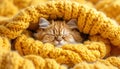 Cozy Orange Cat Sleeping in a Yellow Knitted Blanket Royalty Free Stock Photo