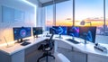 Futuristic office with multiple monitors and a city view at sunset Royalty Free Stock Photo