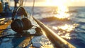 Headphones on a Wet Deck with Golden Sunset Over the Ocean Royalty Free Stock Photo