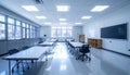 Modern Classroom Interior with Tables, Chairs, and Blackboards Royalty Free Stock Photo