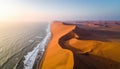 Aerial View: Where Golden Desert Dunes Meet the Ocean at Sunrise Royalty Free Stock Photo