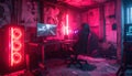 Neon Cyberpunk Gaming Setup in Grungy Room Royalty Free Stock Photo