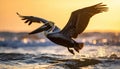 Brown Pelican Taking Flight at Golden Hour Sunset Royalty Free Stock Photo