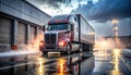Red Semi-Truck at Industrial Loading Dock on Wet Night Royalty Free Stock Photo