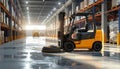 Modern warehouse interior with yellow forklift and automated floor cleaner Royalty Free Stock Photo