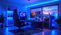 Neon Cyberpunk Gaming Room Overlooking Cityscape Royalty Free Stock Photo