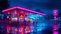 Neon-lit 24 7 Gas Station at Night with Vibrant Colors and Reflections, Liminal Royalty Free Stock Photo