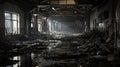 Abandoned and Destroyed Indoor Space with debris and water puddles after fire damage, Liminal Royalty Free Stock Photo