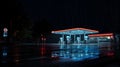 Empty Gas Station at Night with Rain Reflections, Neon Lighting, and Wet Pavement, Liminal Royalty Free Stock Photo