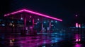 Night Scene of Neon-lit Gas Station with Reflections on Wet Pavement, Liminal Royalty Free Stock Photo