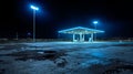 Empty Gas Station at Night with Neon Lights and Dark Sky, Liminal Royalty Free Stock Photo